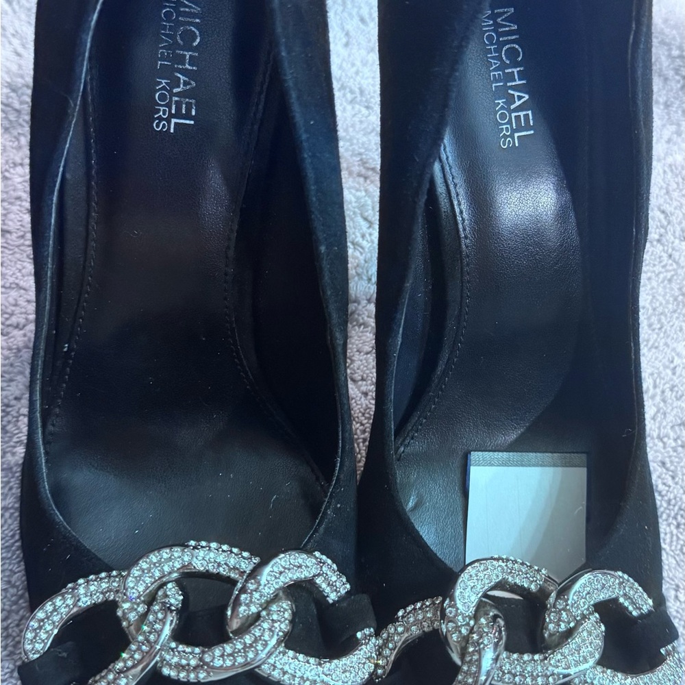 Michael Kors Black Heels with Silver Chain Accent